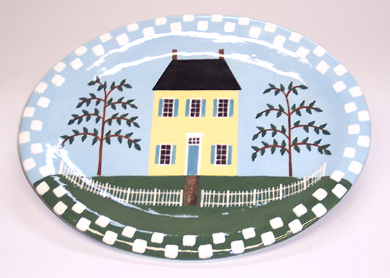 Oval Platter with Yellow House Scene